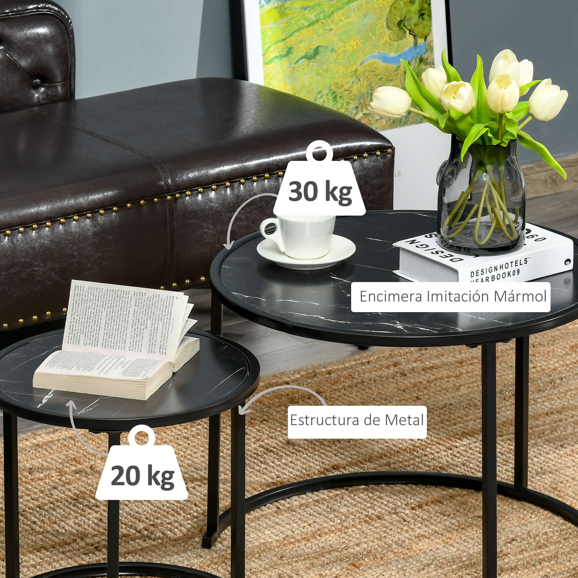 Juego de 2 Mesas Auxiliares Redondas Apilables Mesas Nidos Modernas con Encimera en Efecto de Mármol y Marco de Acero Ø60x46 cm y Ø40x40 cm Negro