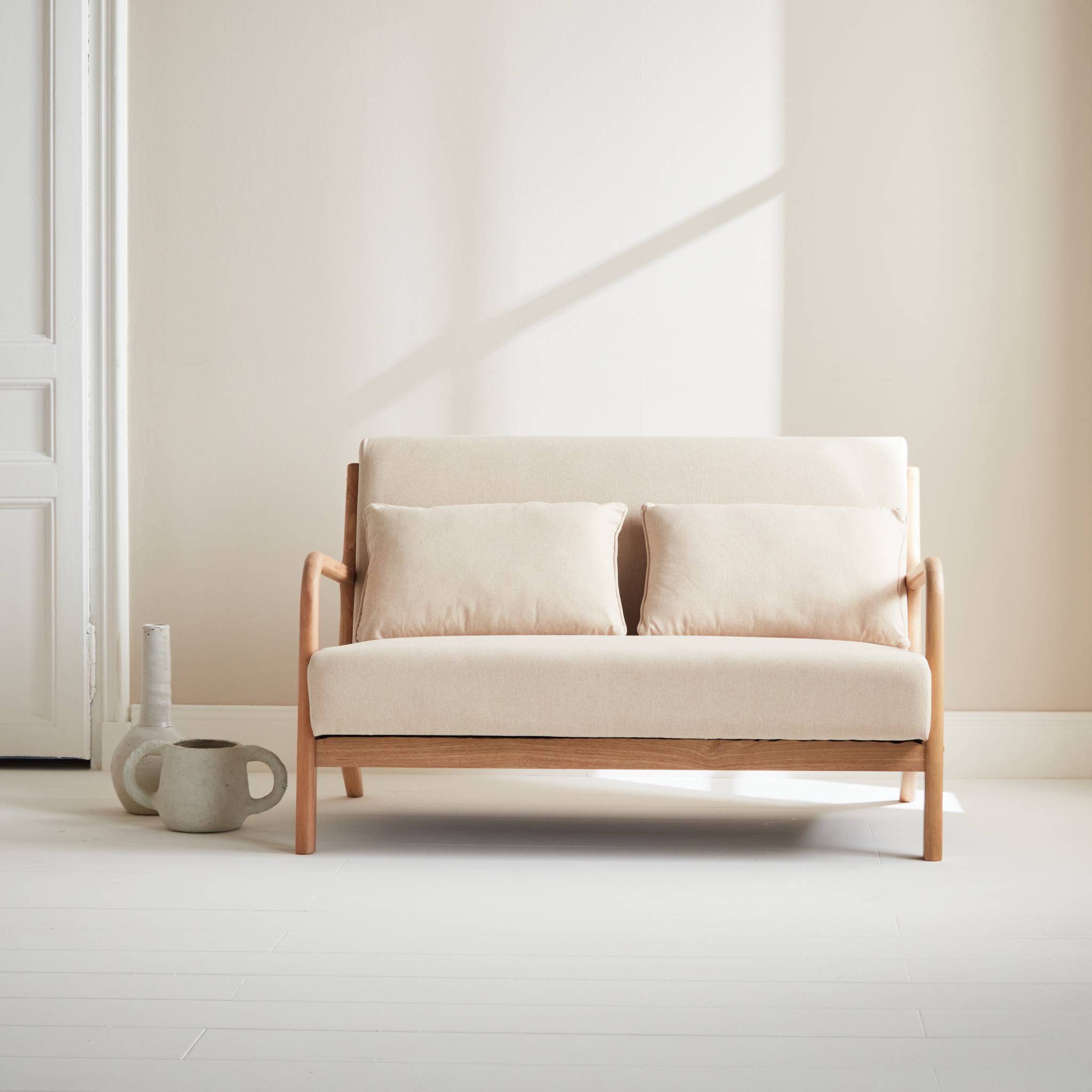 Banquette 2 places scandinave en bois et tissu beige. Lorens. L 124 x P 83 x H 77cm