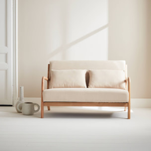 Banquette 2 places scandinave en bois et tissu beige. Lorens. L 124 x P 83 x H 77cm