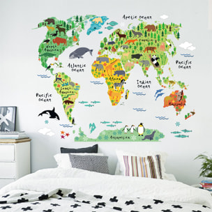 Stickers Muraux décoration adhésifs carte du monde pour enfants animaux du monde