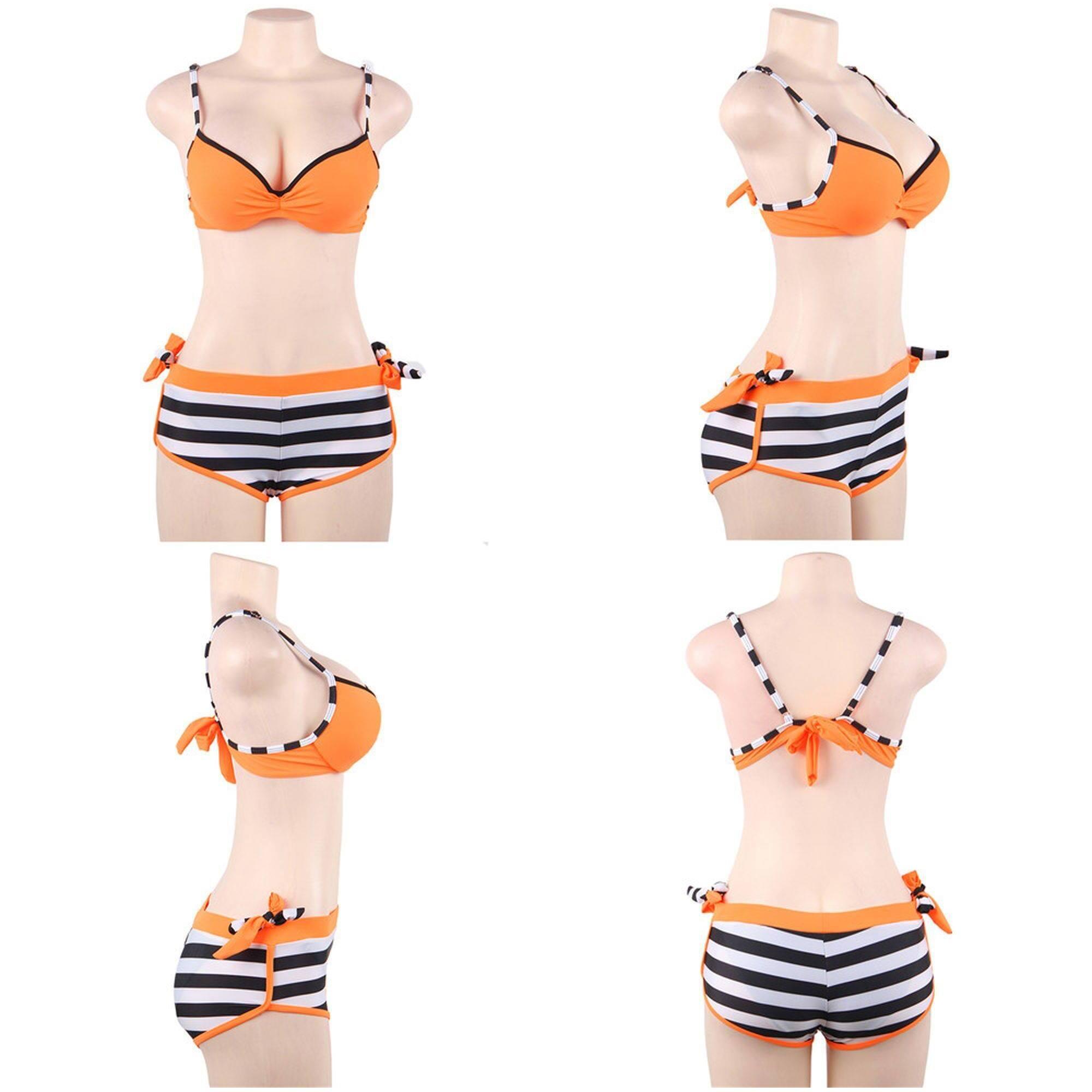 Conjunto de bikini 3 piezas naranja a rallas con anillo de acero