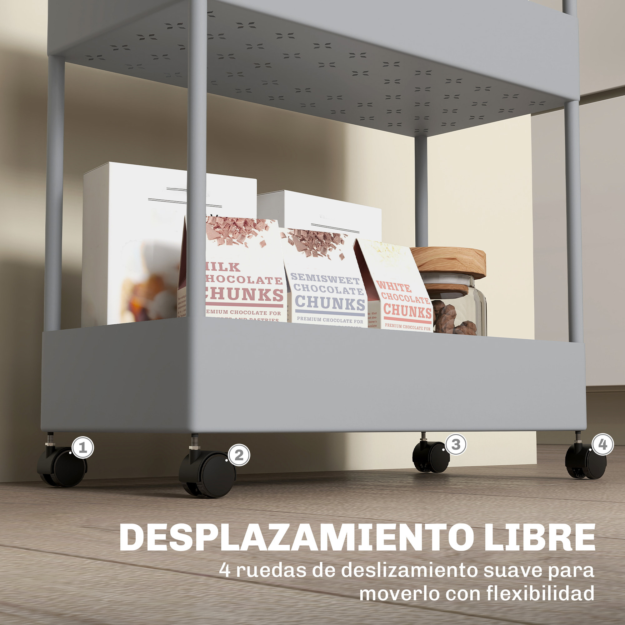 Carro de Cocina de Almacenamiento de 4 Niveles Carrito Auxiliar con Ruedas 4 Cestas y 4 Ganchos Extraíbles Carrito de Cocina para Comedor Baño Salón 40x19x90 cm Gris