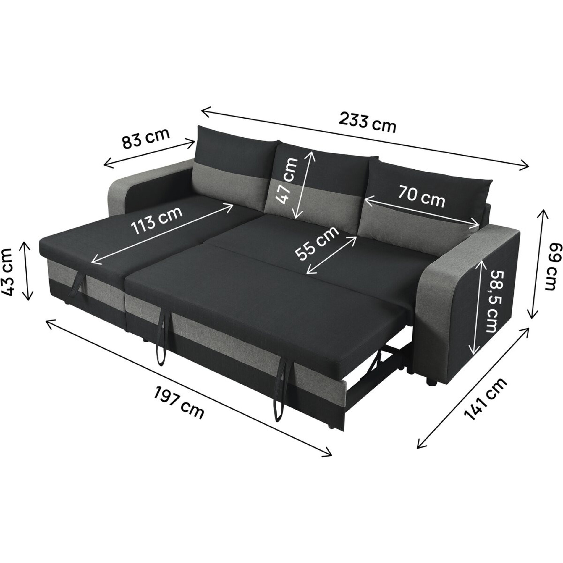 Canapé d'angle réversible/convertible en tissu "Victor" - 3 places - Noir