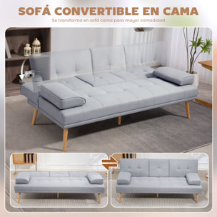 Sofá Cama 3 Plazas, Mesa Abatible con 2 Soportes para Vasos, 181x77x78 cm, Sofá Cama con Respaldo Ajustable, Apertura Clik-Clak, Reposabrazos Desmontables, Patas de Madera, Gris Claro