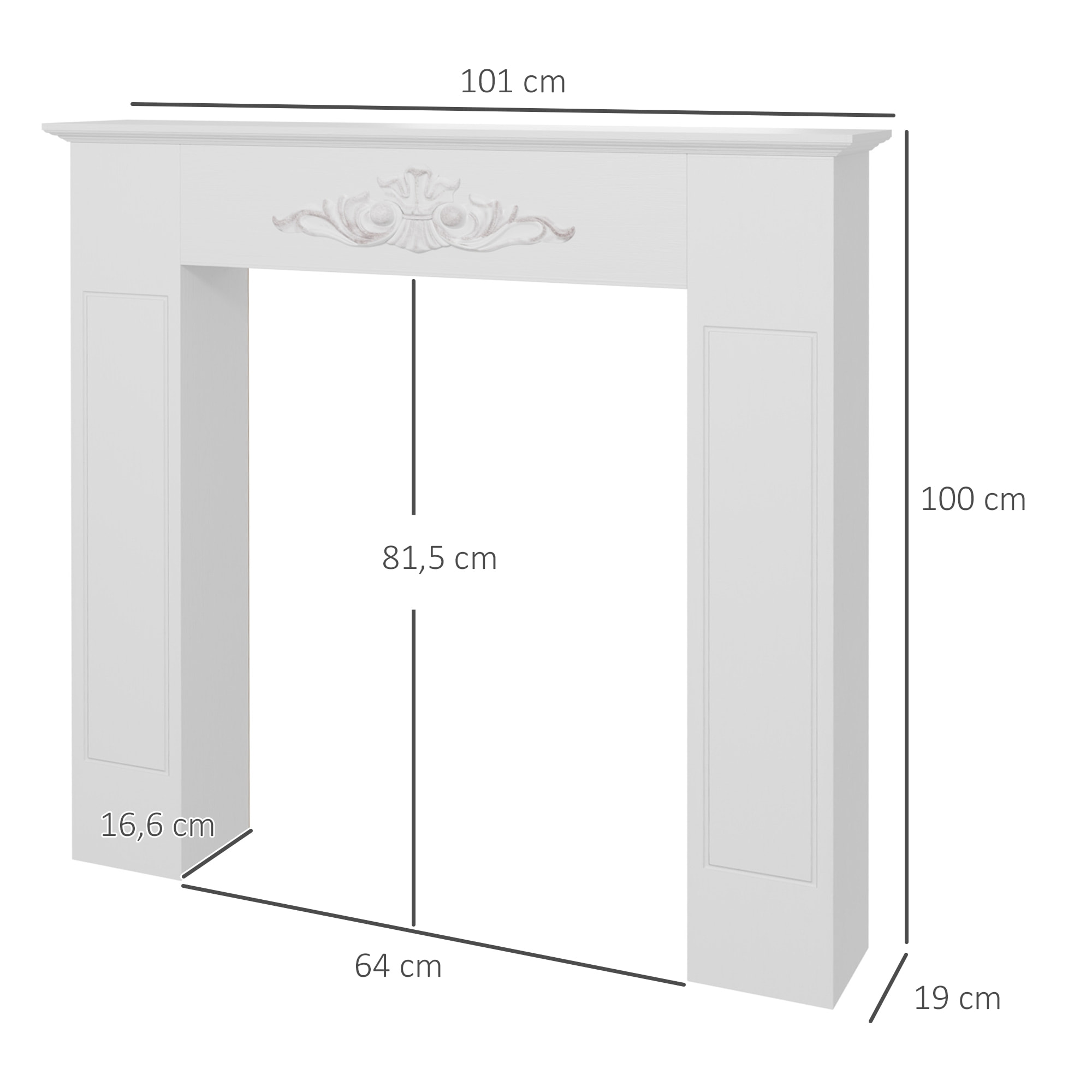 Manteau de cheminée style baroque - dim. 101L x 19l x 100H cm - bois de sapin blanc effet vieilli