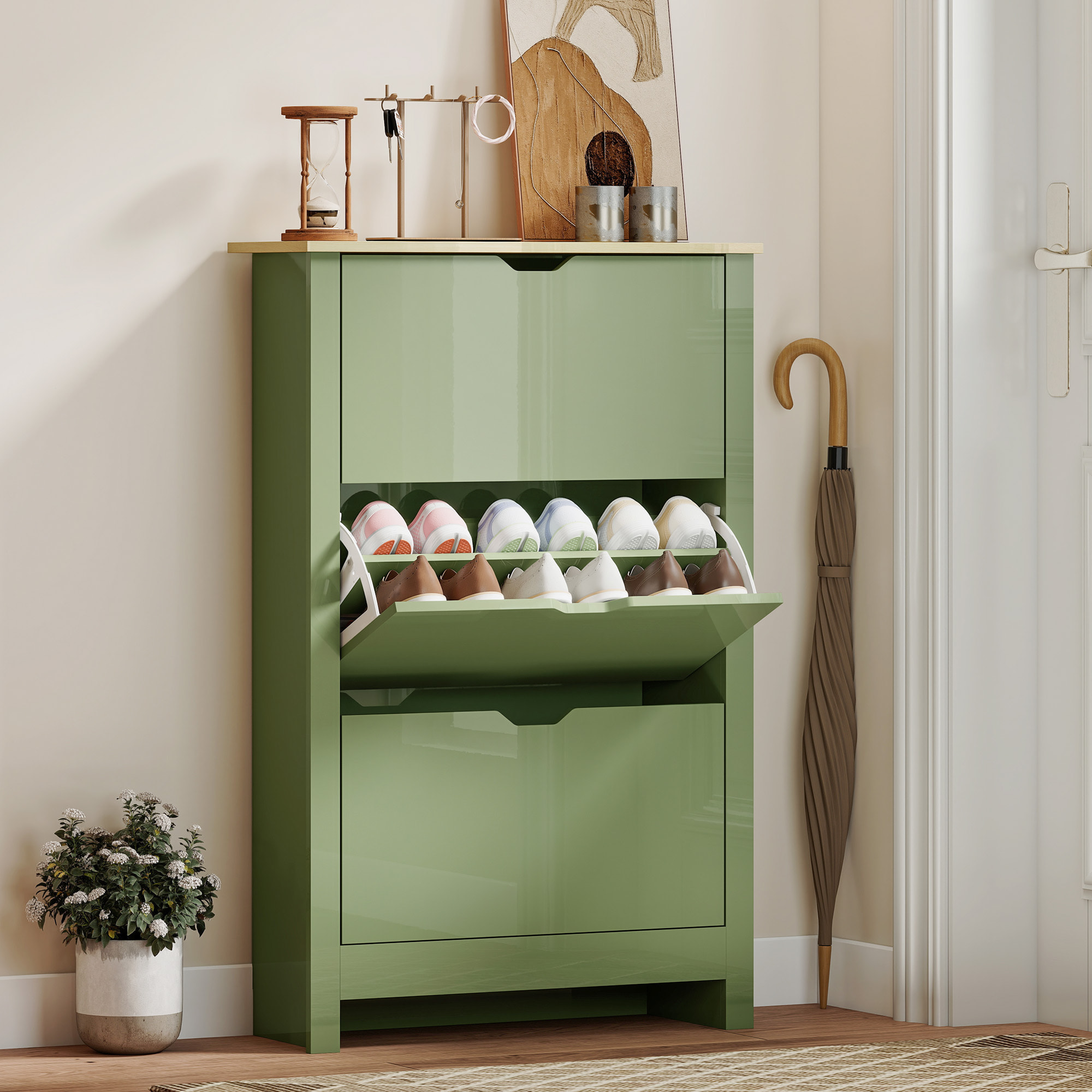 Armoire à chaussures 3 portes abattantes 2 compartiments vert amande laqué naturel