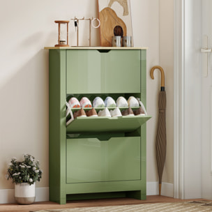 Armoire à chaussures 3 portes abattantes 2 compartiments vert amande laqué naturel