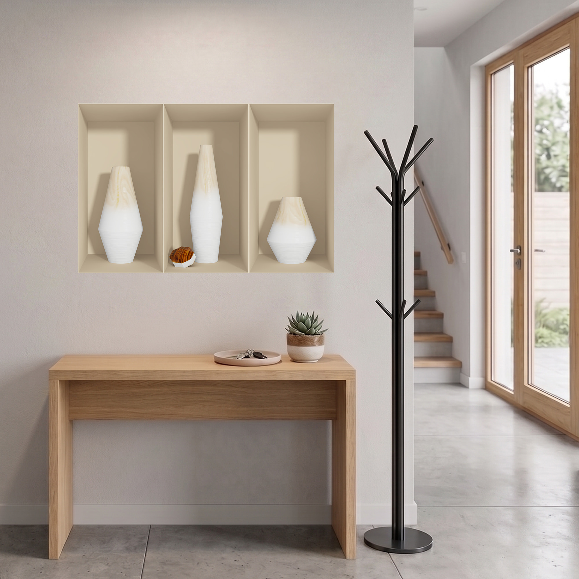 Stickers muraux 3D | Sticker Mural Autocollant effet 3D Vases en bois blanc - Stickers adhésifs 3D Chambre Salon Trompe l'oeil