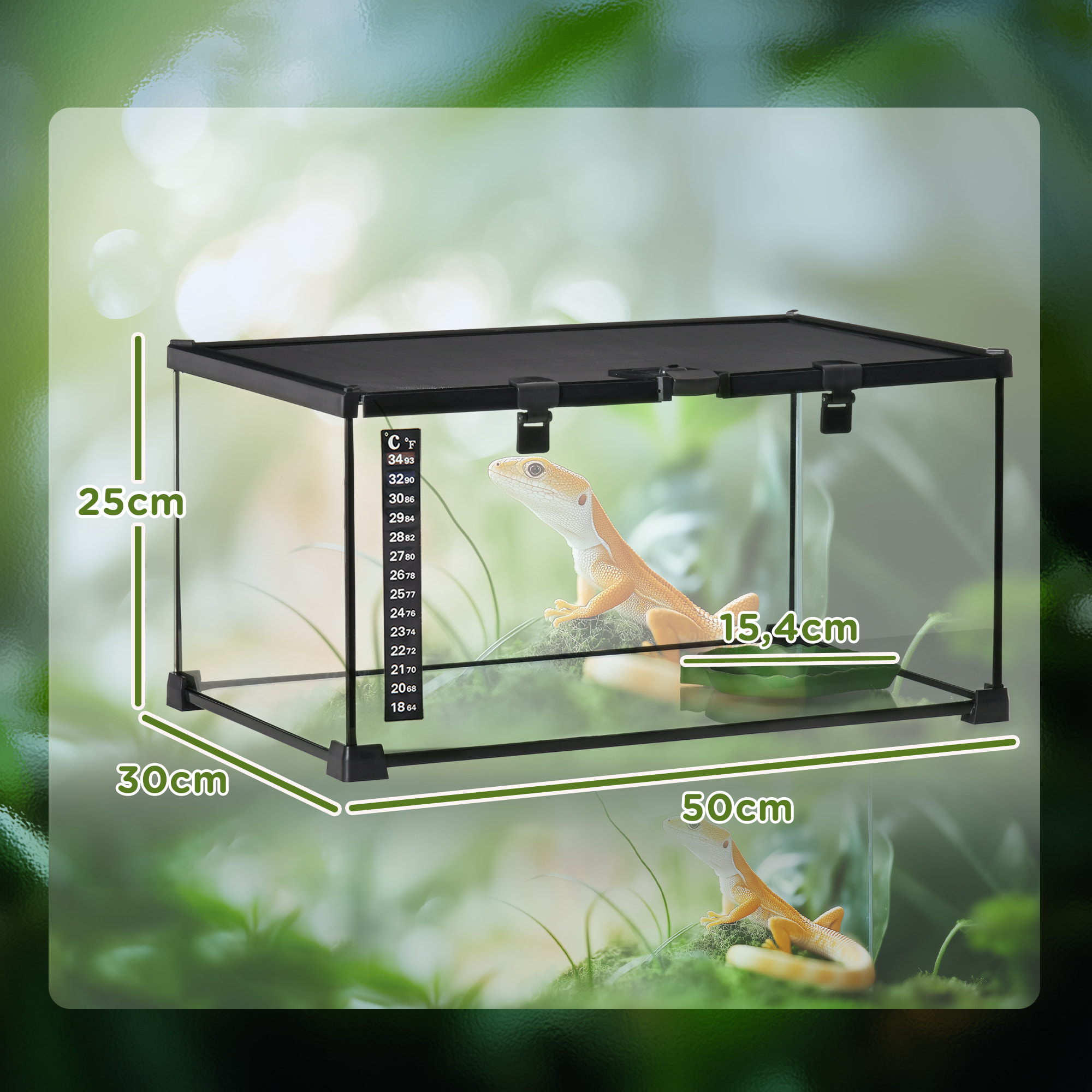 PawHut Terrario para Reptiles de Vidrio Templado con Termómetro, Cuenco de Agua, Vista Completa, Ventilación, Terrario para Lagartos, Ranas Cornudas, Serpientes, Arañas, 50x30x25 cm, Negro