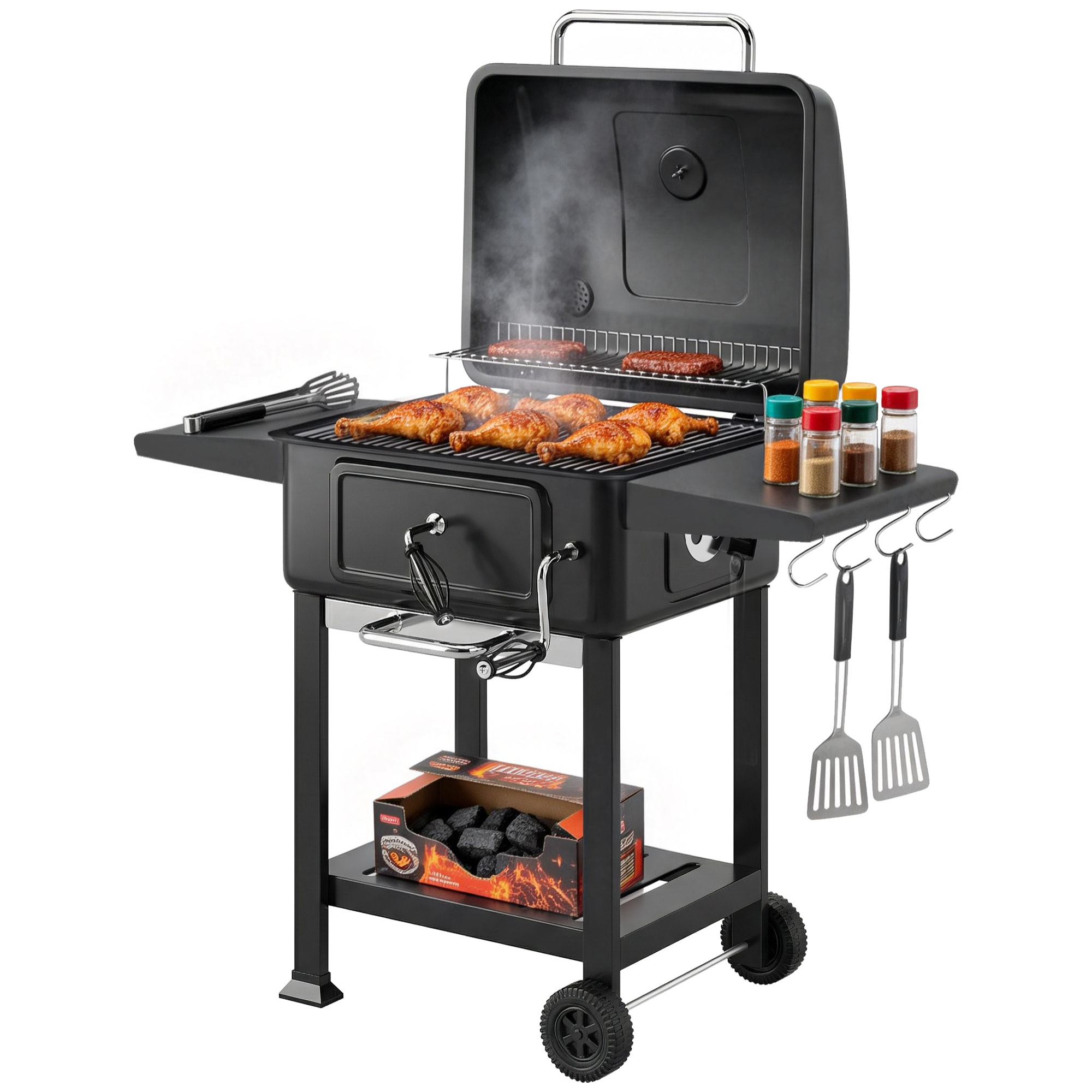 Barbacoa de Carbón Portátil, Barbacoa de Carbón con Bandeja y Ventilación Ajustable, Gran Parrilla, Estantes Laterales, Termómetro, Tapa, Chimenea, Cajón de Cenizas, Ruedas, Puerta, Negro