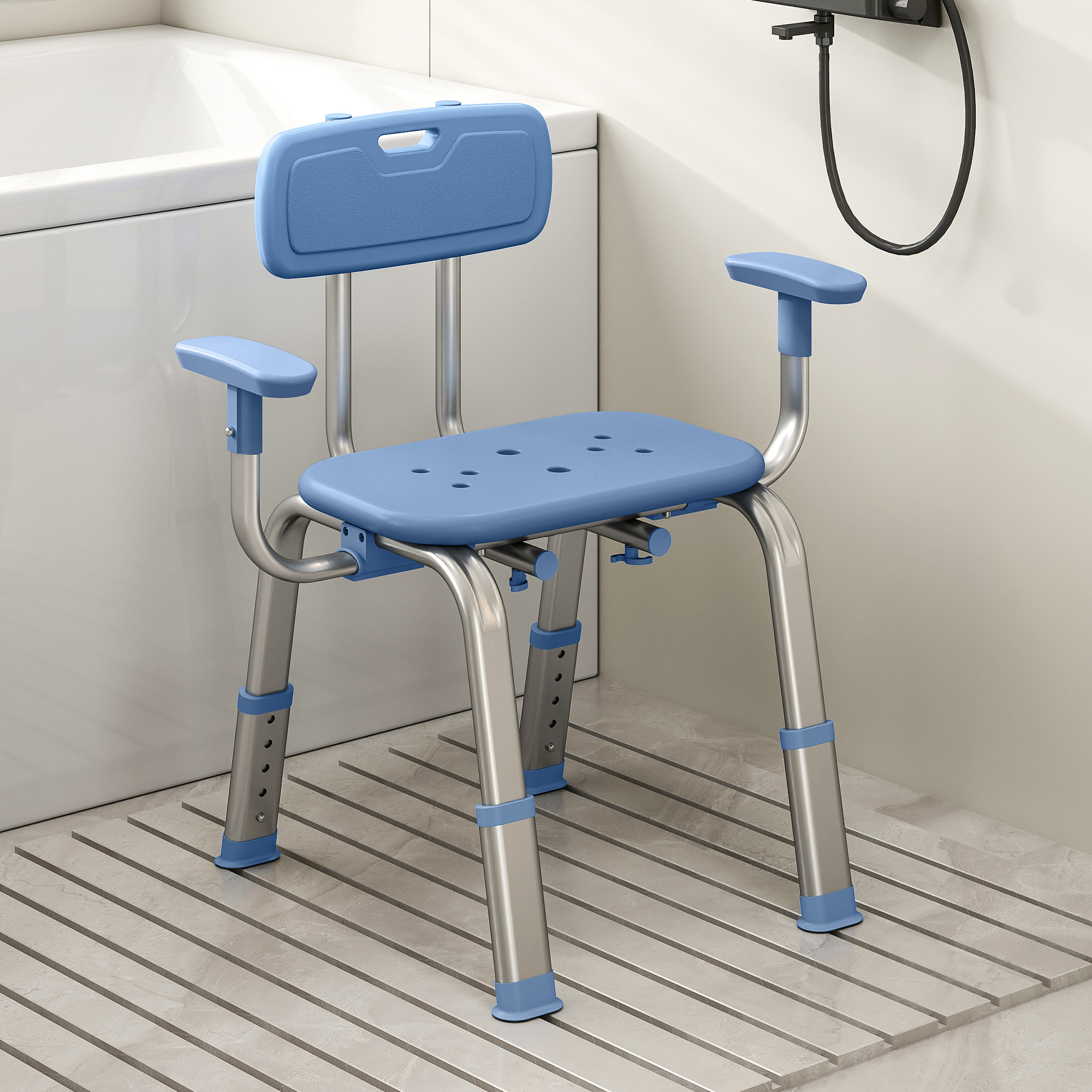 Chaise de douche réglable avec accoudoirs dossier alu HDPE bleu