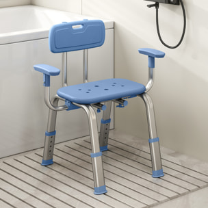 Chaise de douche réglable avec accoudoirs dossier alu HDPE bleu