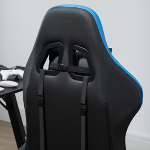 Silla Gaming Ergonómica, Silla Gamer de Cuero PU con Reclinable 135°, Soporte Lumbar, Altura Ajustable, Reposacabezas y Reposapiés Retráctil, para Oficina, Estudio, Negro y Azul