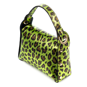 Aquileia bolso de mano mujer. Piel auténtica Gamuza con estampado animal print leopardo lacada brillante.