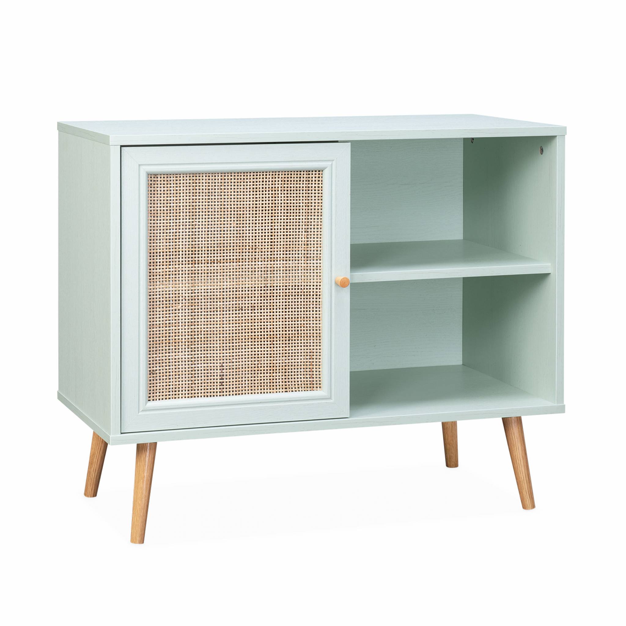 Meuble de rangement en cannage 80x39x65.8cm  Bohème - Vert céladon-  2 niveaux - 1 porte -  pieds scandinaves. buffet bas