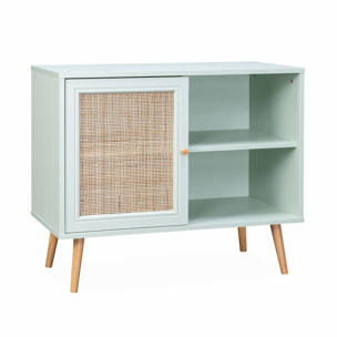 Meuble de rangement en cannage 80x39x65.8cm  Bohème - Vert céladon-  2 niveaux - 1 porte -  pieds scandinaves. buffet bas