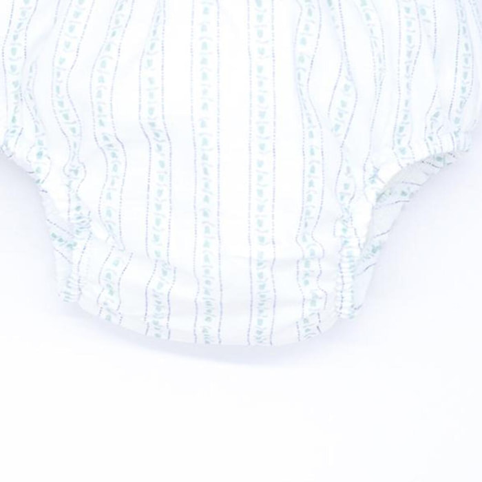 Cubrepañal estampado de flores y rayas. Elastico en la cintura y en las piernas.