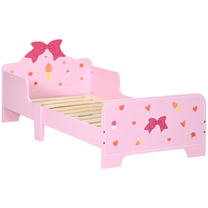 ZONEKIZ Letto per Bambini con Sponde e Fantasia a Fiocchi e Cuori, Età 3-6 Anni, 143x74x59cm, Rosa