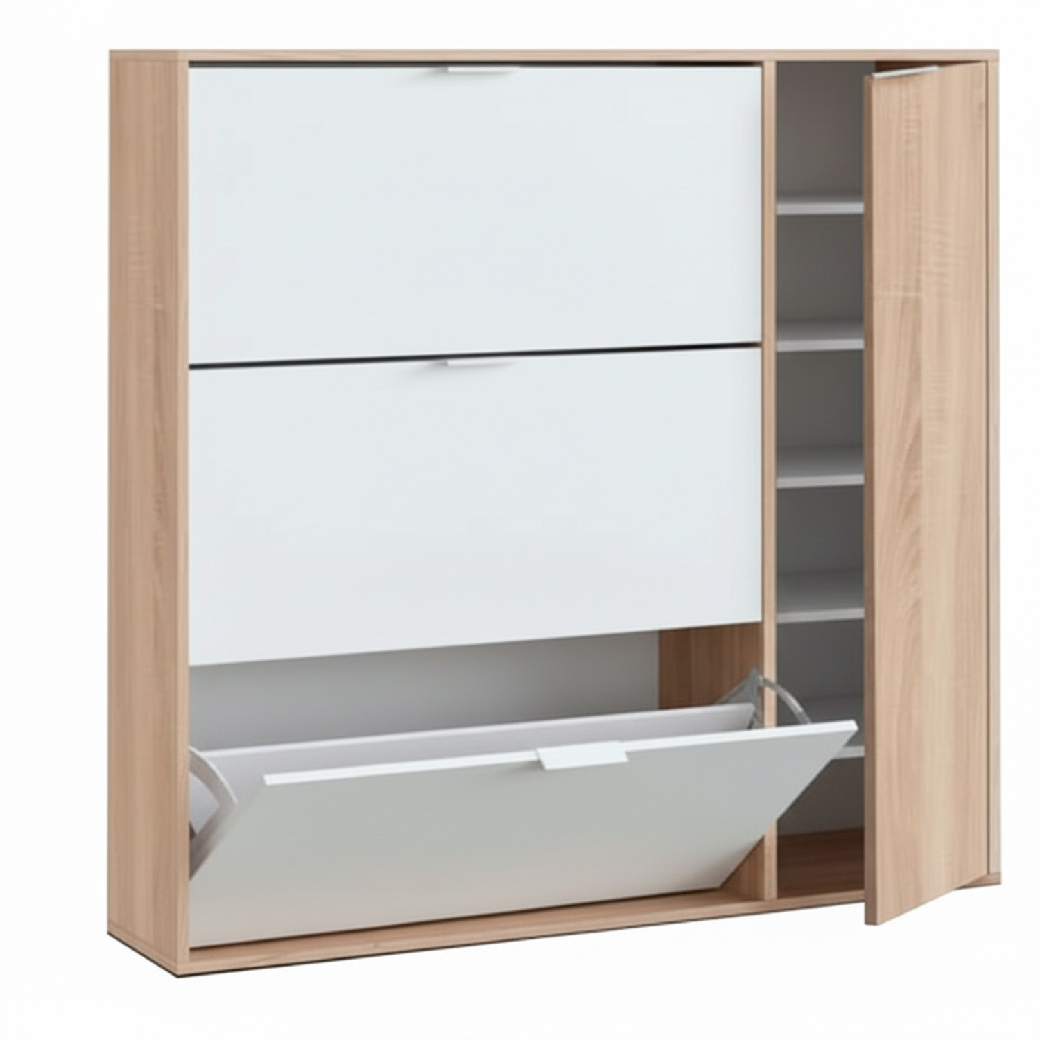 Scarpiera Salvaspazio A 3 Ribalte E 1 Anta Con Ripiani Mobile Porta Scarpe Da 30 Paia Per Ingresso Corridoio Cameretta 106x115x22 Cm Bianco E Rovere