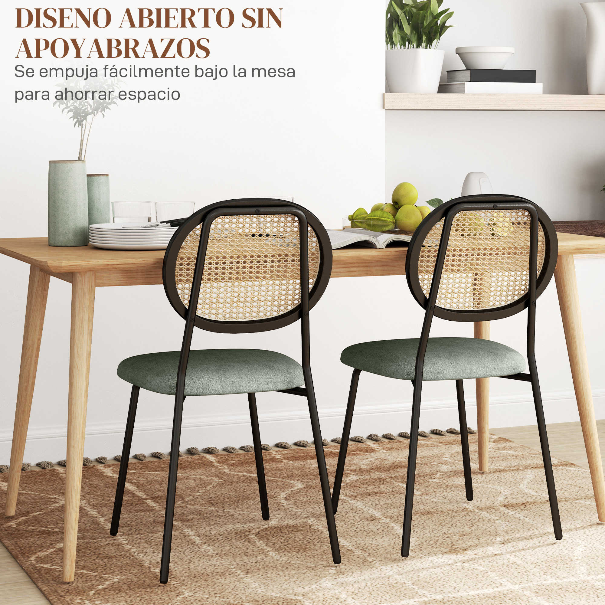 Pack de 2 Sillas de Comedor Sillas de Cocina con Respaldo de Ratán Sintético y Marco de Acero para Salón 44x54x87 cm Verde Oscuro y Negro