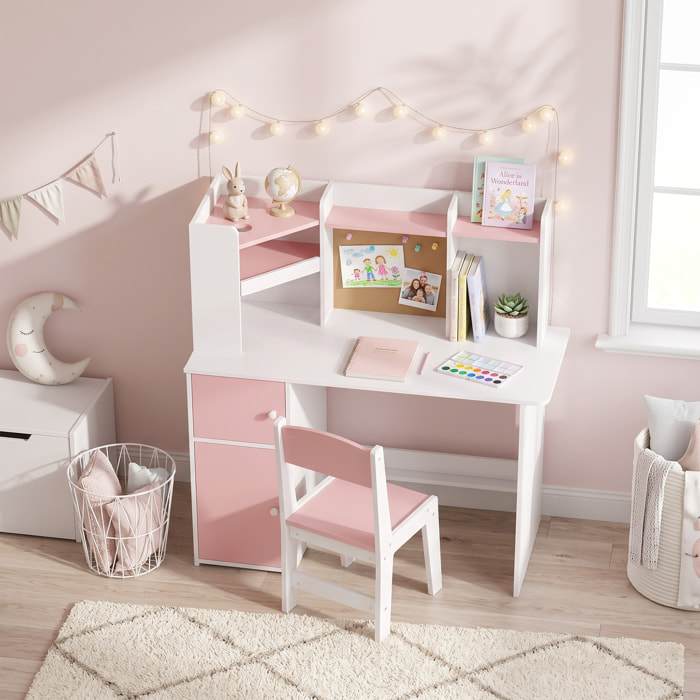 Bureau enfant chaise design multi-rangement avec panneau en liège blanc rose