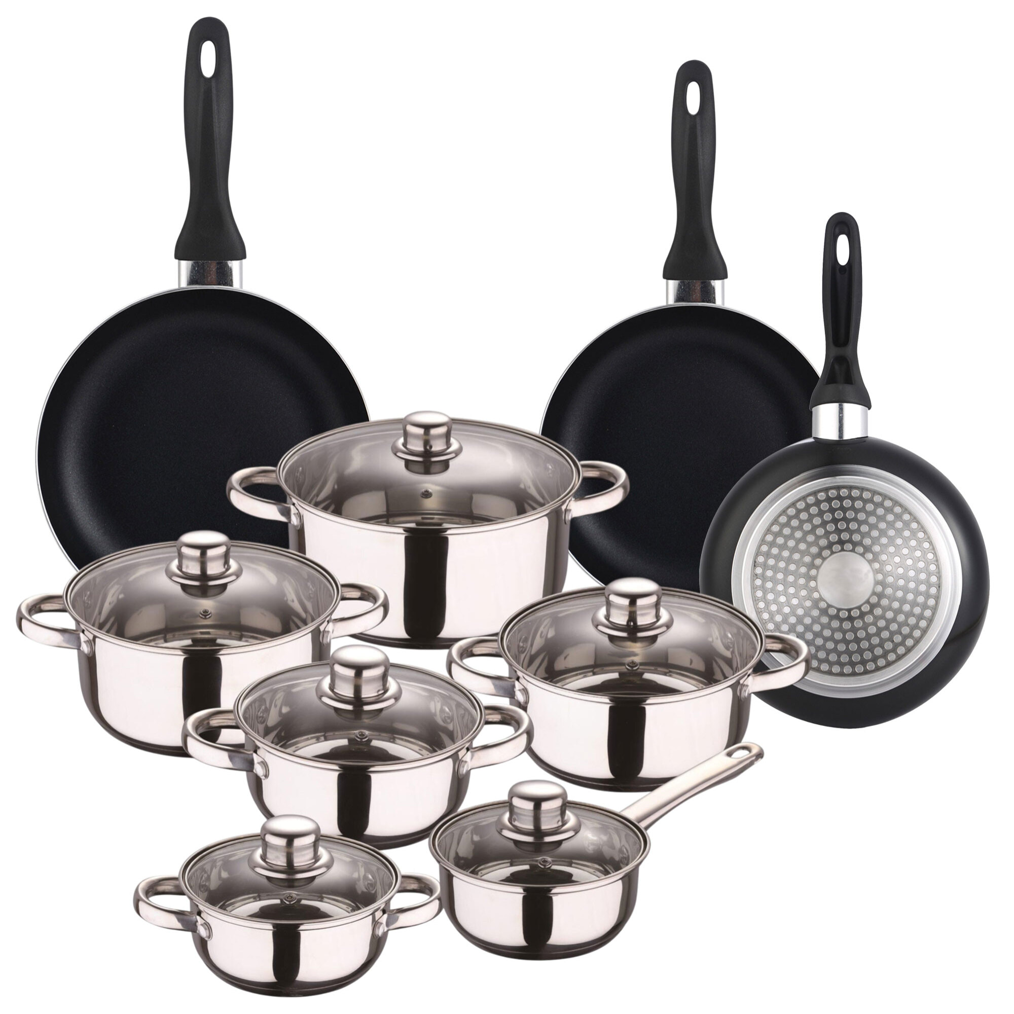 set de batería de cocina de 12pc en acero inoxidable + 3 sartenes ø16ø20ø24cm negro en aluminio prensado