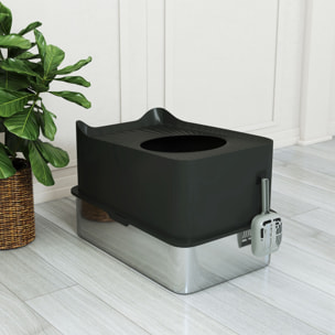 Maison de toilette XL 65L design - bac à litière grande taille 60 x 40 x 38 cm - acier inox ABS noir