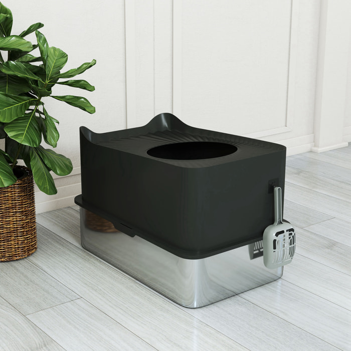 Maison de toilette XL 65L design - bac à litière grande taille 60 x 40 x 38 cm - acier inox ABS noir