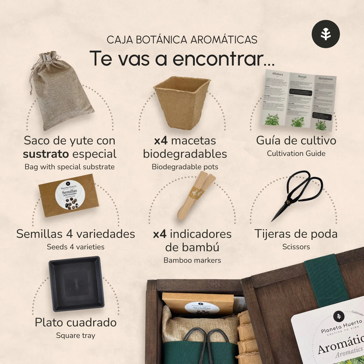 Kit de Cultivo de Aromáticas en Caja de Madera – Regalo Original Planeta Huerto