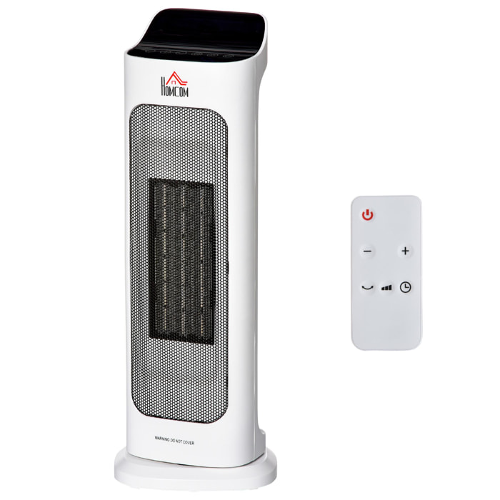 HOMCOM Calefactor Cerámico 1000W/2000W con Mando a Distancia Pantalla LED 3 Modos de Viento Temporizador de 8H Termostato y Oscilación 42° para 25 m² 17,6x13,7x50 cm Blanco