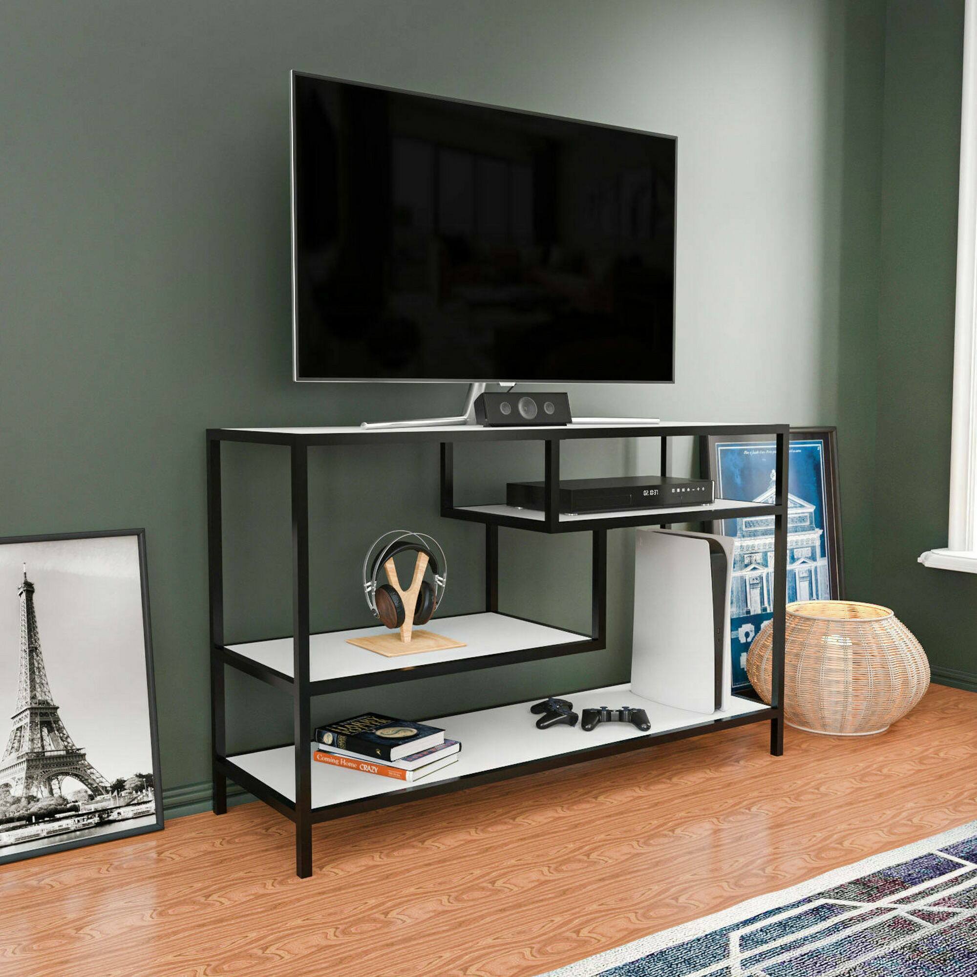 Mobile porta TV Dplizzar, Credenza da soggiorno, Armadio basso per TV, Base parete attrezzata, 120x39h75 cm, Bianco e Nero