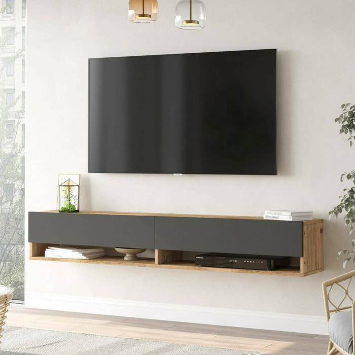 Mobile porta TV Dkechrid, Credenza da soggiorno, Armadio basso per TV, Base parete attrezzata, 180x32h29 cm, Quercia e Antracite