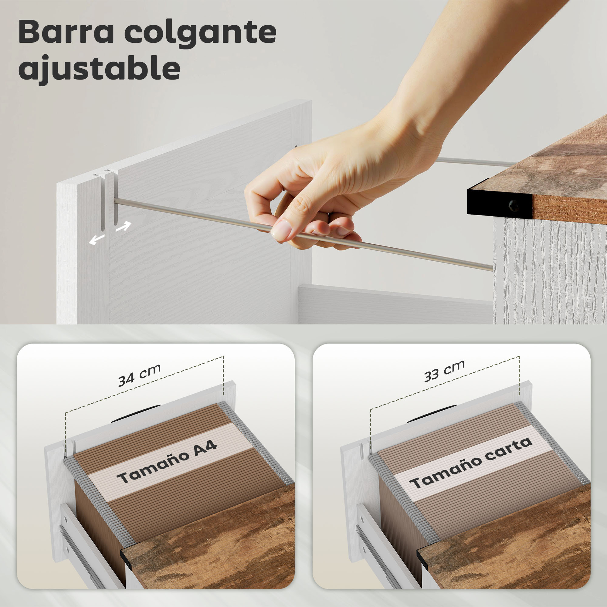 Cajonera Escritorio con 2 Cajones, Cajonera de Oficina, Mueble Archivador, Soporte para Impresora, con Riel Colgante para A4 y Carta, 40x40x71 cm, Blanco