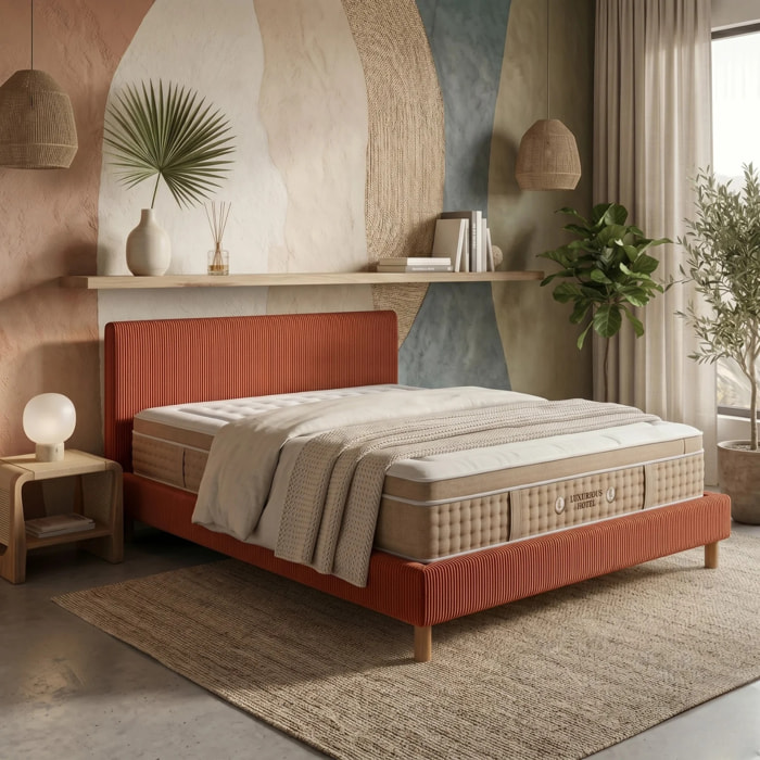 Ensemble matelas Bali & lit fixe Colisée | Mémoire de forme et ressorts ensachés | cadre à lattes | Bouclette | Camel