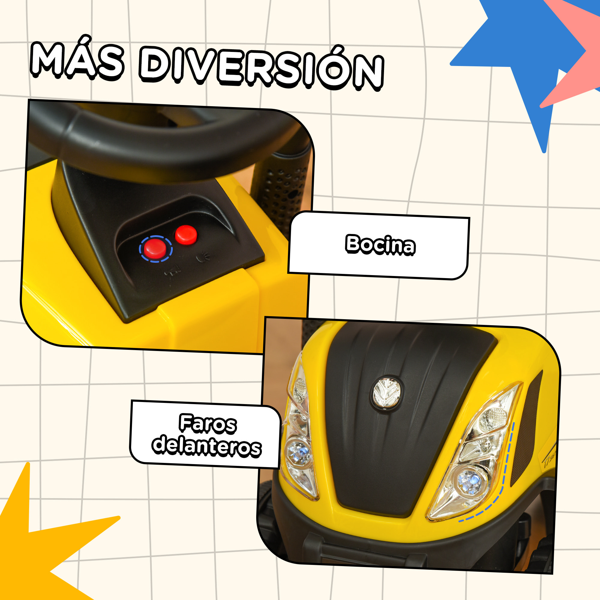 Tractor sin Pedales para Niños de 12-36 Meses con Remolque Extraíble Coche Correpasillos con Bocina Faros Pala Asiento de Suelo 25 cm y Rastrillo Carga 25 kg 91x29x44 cm Amarillo