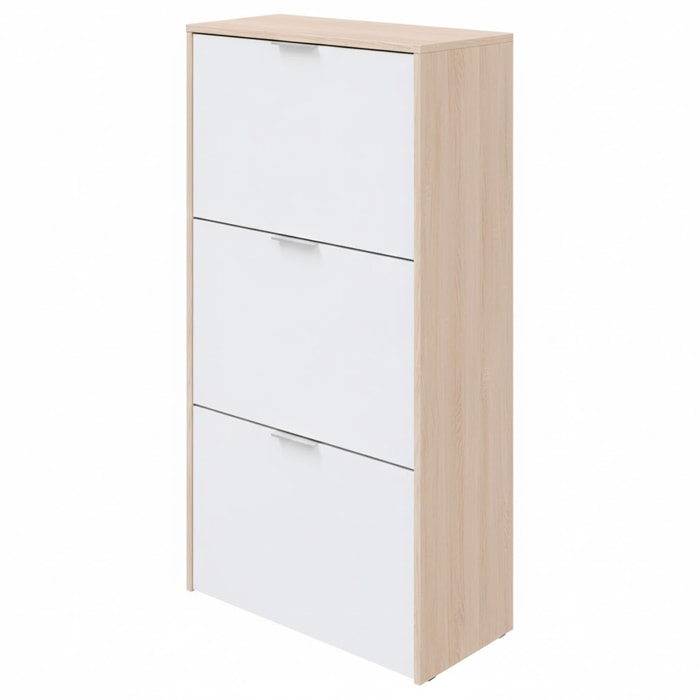 Mobile Portascarpe Salvaspazio Con 3 Ante A Ribalta Capacità Fino A 18 Paia Scarpiera Design Moderno 113 x 60 x 22 Cm Rovere E Bianco Lucido