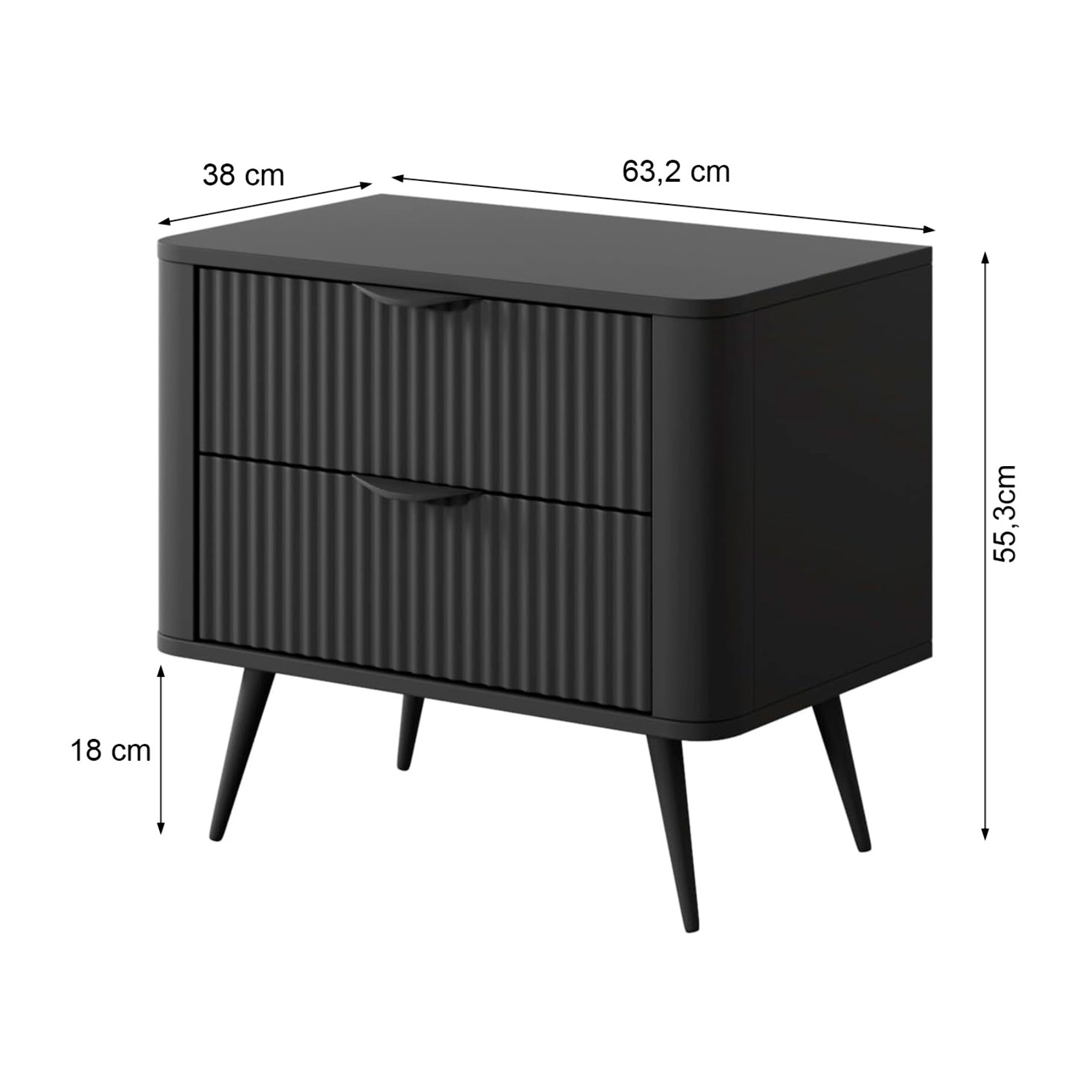 Comodino Moderno Elegante Con 2 Cassetti Capienti e Piedini Alti Camera Da Letto 63.2 x 38 x 55.3 cm Nero