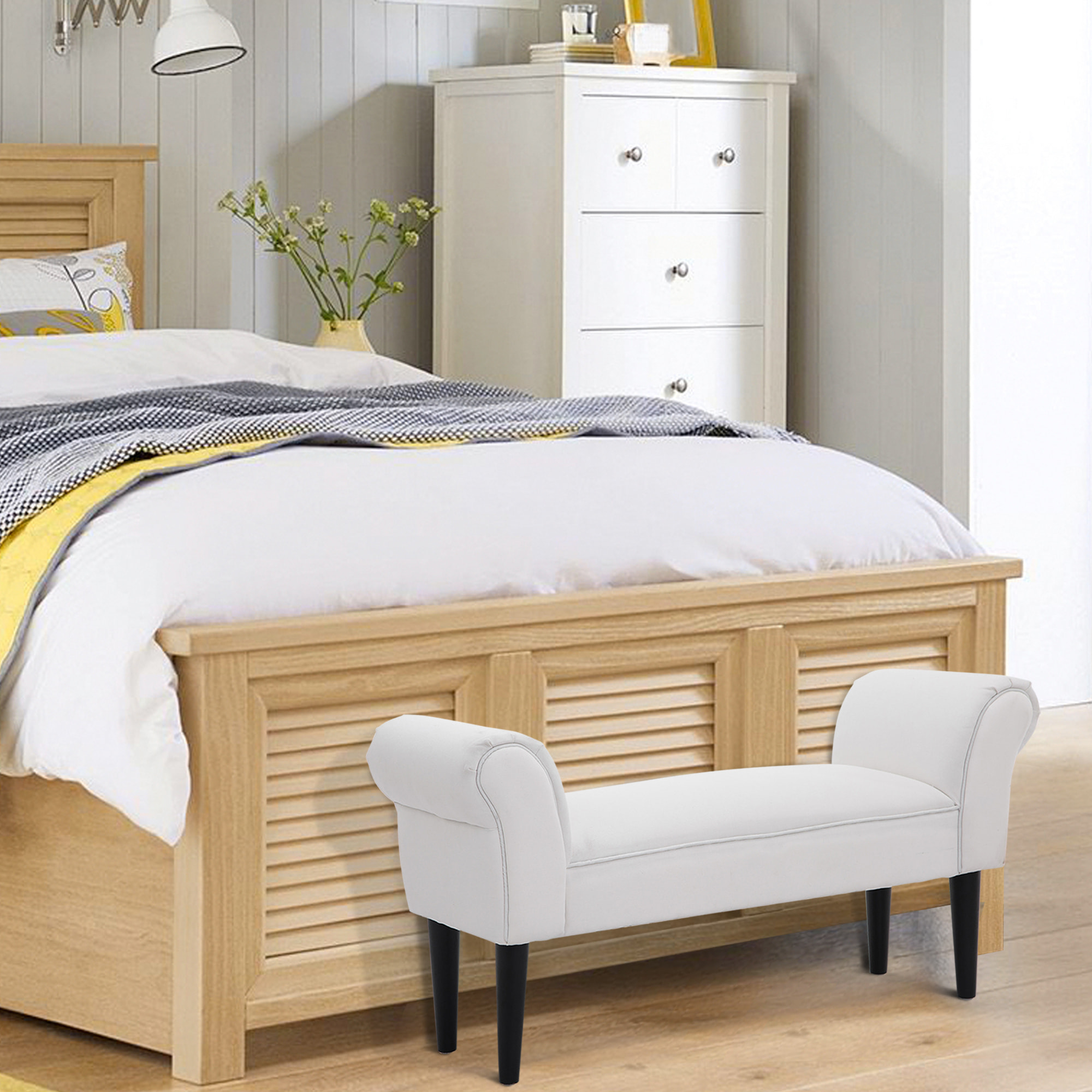 Taburete Pie de Cama Banqueta con Brazos Tapizada tipo Banco de Madera para Dormitorio Salón Recibidor 102x36x51cm Carga 130kg
