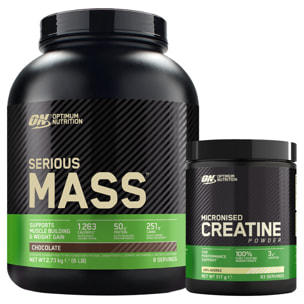 Serious Mass Gainer Proteine Whey con Glutammina Cioccolato 2,73kg 8 Porzioni + Micronised Creatine Monohydrate per la Performance Non Aromatizzato 317g 93 Porzioni