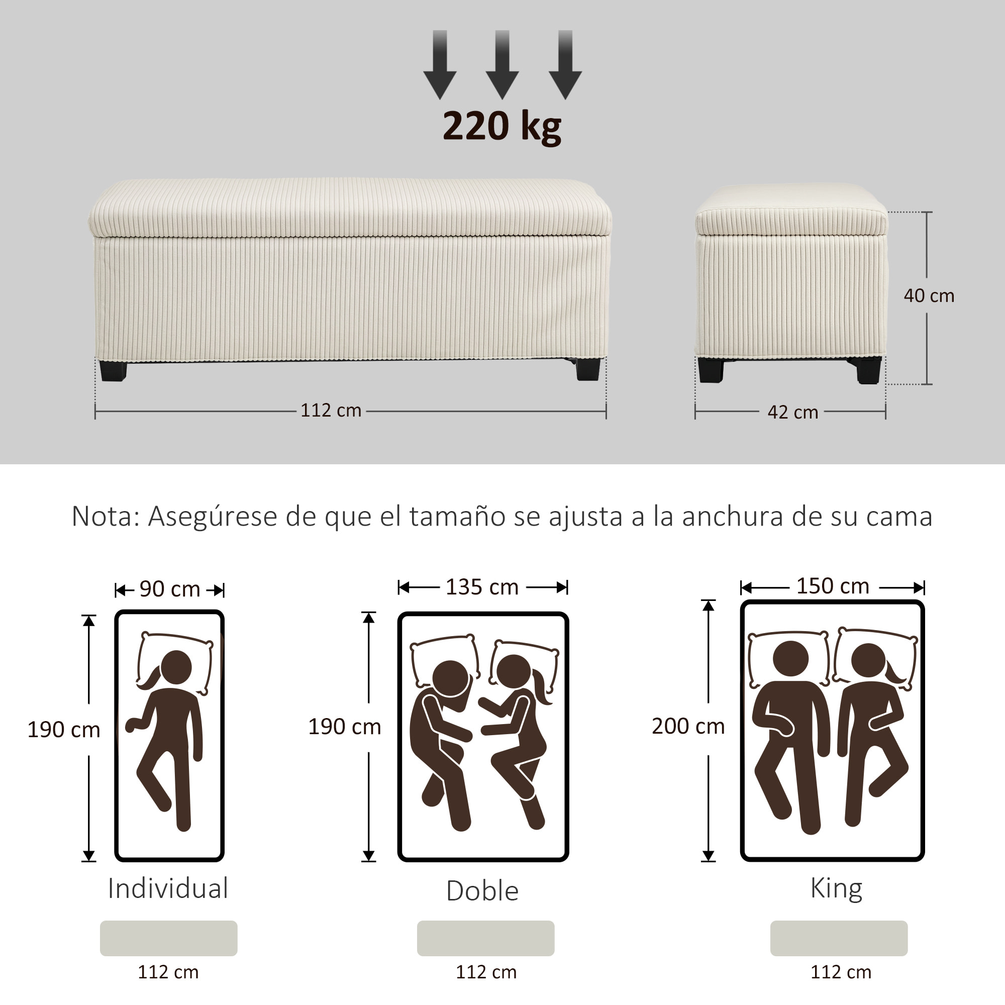 Puff Almacenaje, Banco Almacenaje Plegable, Capacidad de 84 L, 112x42x40 cm, Tapizado en Pana, Pie de Cama, para Sala de Estar, Dormitorio, Entrada, Beige
