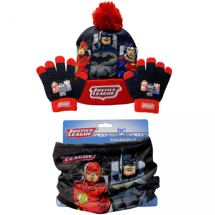 Kit Cappello + Guanti + Scaldacollo Justice League DC Comics Bambino 3-6 Anni