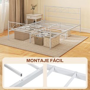 Cama Doble 135x190 cm Estructura de Cama Somier con Cabecera Listones de Acero y Espacio de Almacenamiento Debajo de la Cama Carga 330 kg Blanco