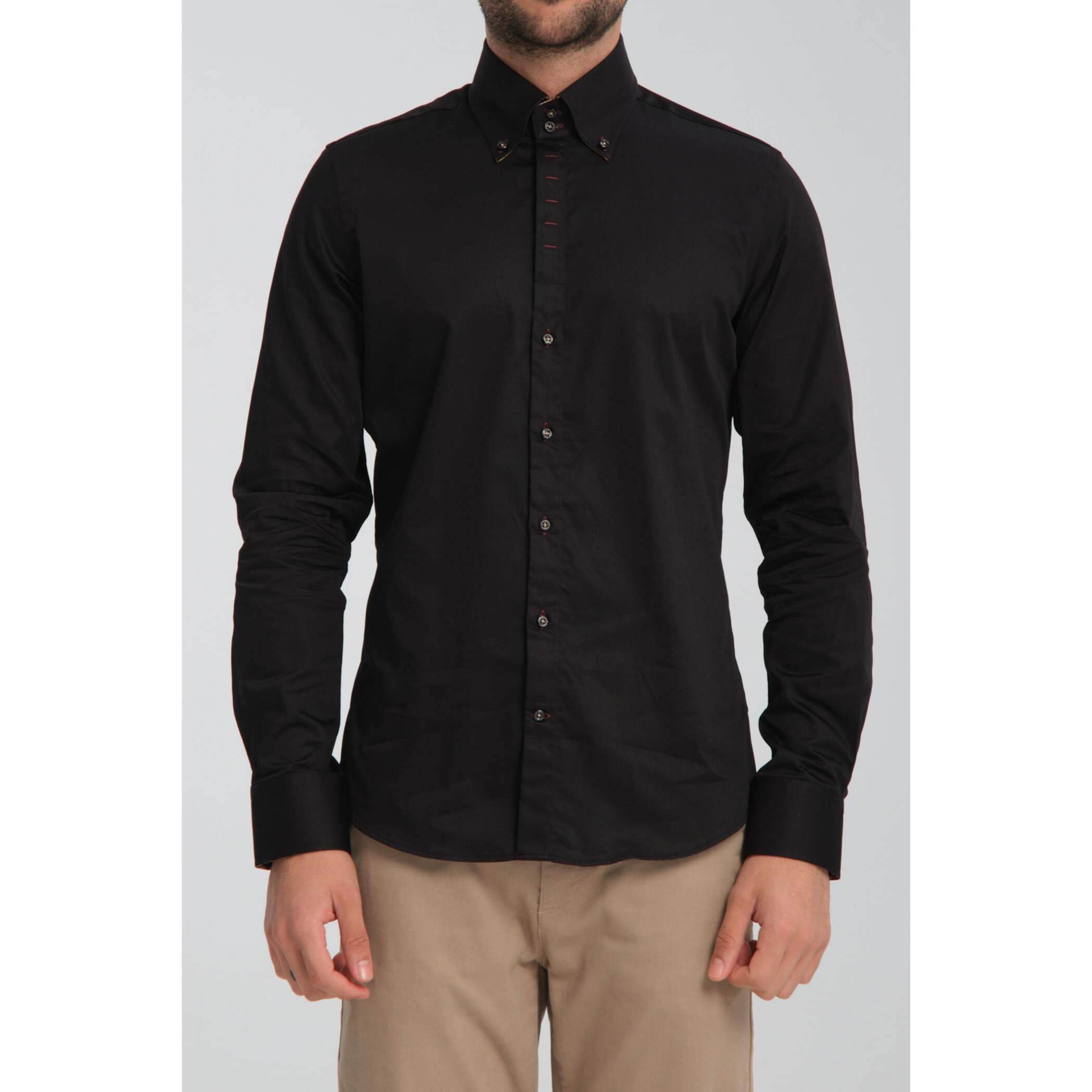 Camicia Uomo 2 Bottoni Button Down Slim Satin Unito Nero