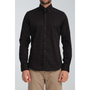 Camicia Uomo 2 Bottoni Button Down Slim Satin Unito Nero