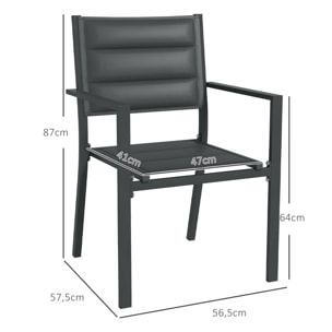 Lot de 4 chaises de jardin empilables avec accoudoirs alu textilène gris