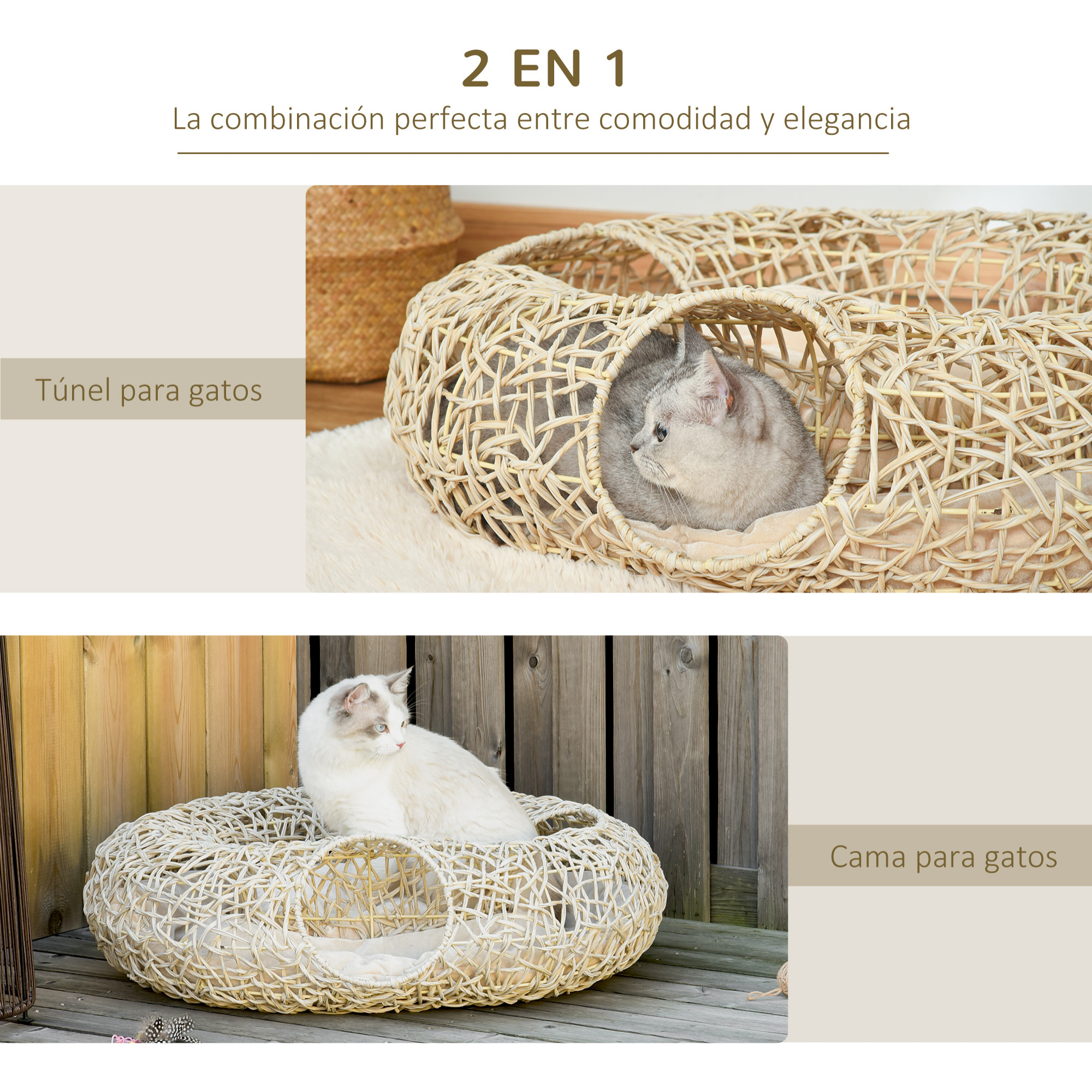 Cama para Gatos de Ratán 78x69x22 cm Cesta para Gatos Rolliza con Cojín Suave