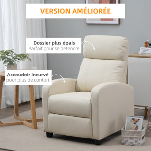 Fauteuil de relaxation et massage inclinaison dossier repose-pied réglable revêtement synthétique crème