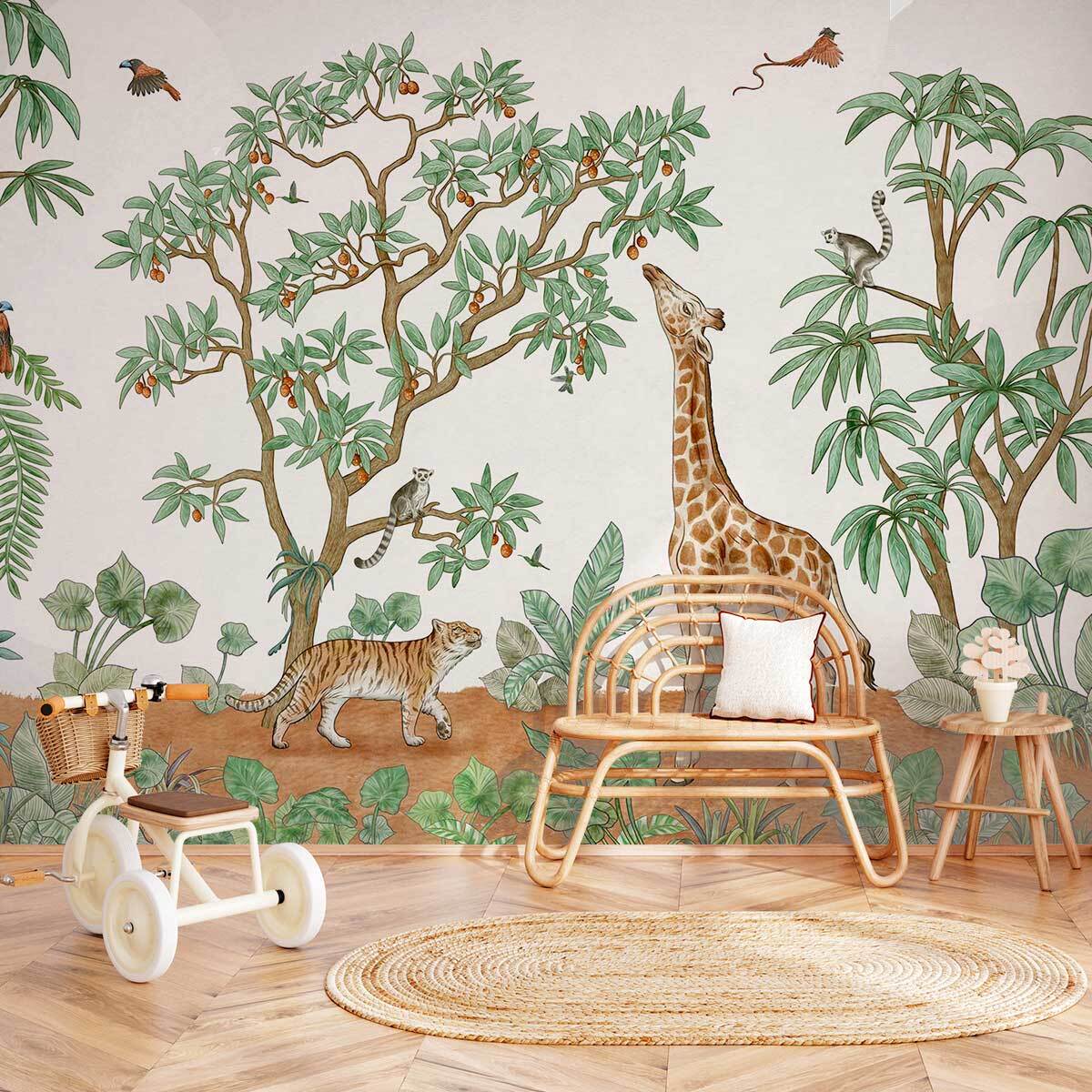 Papier peint panoramique petit dejeuner de girafe Intissé