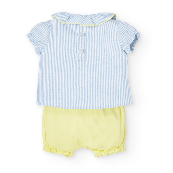 Conjunto combinado niÃ±a, algodÃ³n estampado rayas, azul claro
