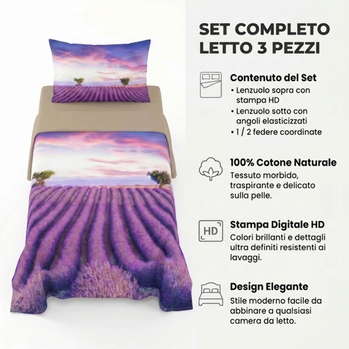 Completo lenzuola singolo in cotone con stampa alta qualità, set letto con lenzuolo sopra, sotto con angoli e federa, morbido e traspirante per pelli sensibili, colori brillanti e resistenti ai lavaggi, certificato OEKO-TEX, comfort quotidiano